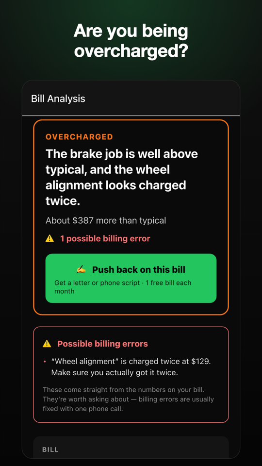 A result showing an overcharged brake job and a duplicate wheel alignment charge