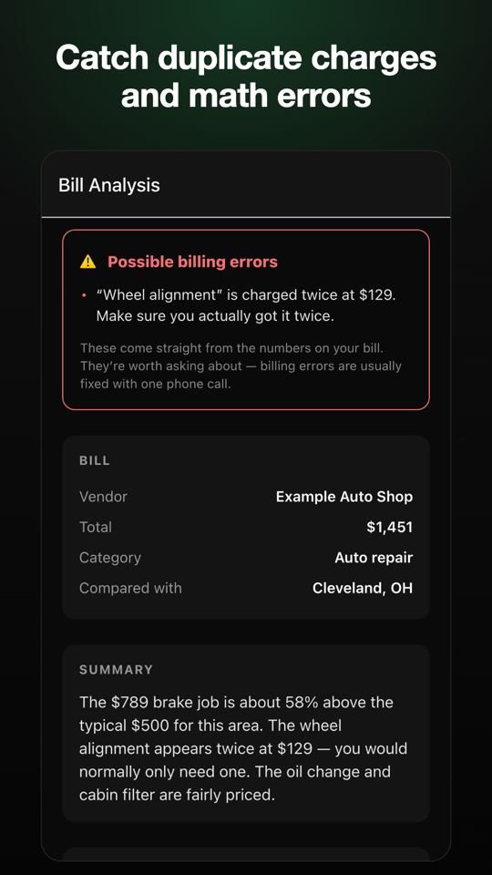 The possible billing errors card flagging a charge that appears twice